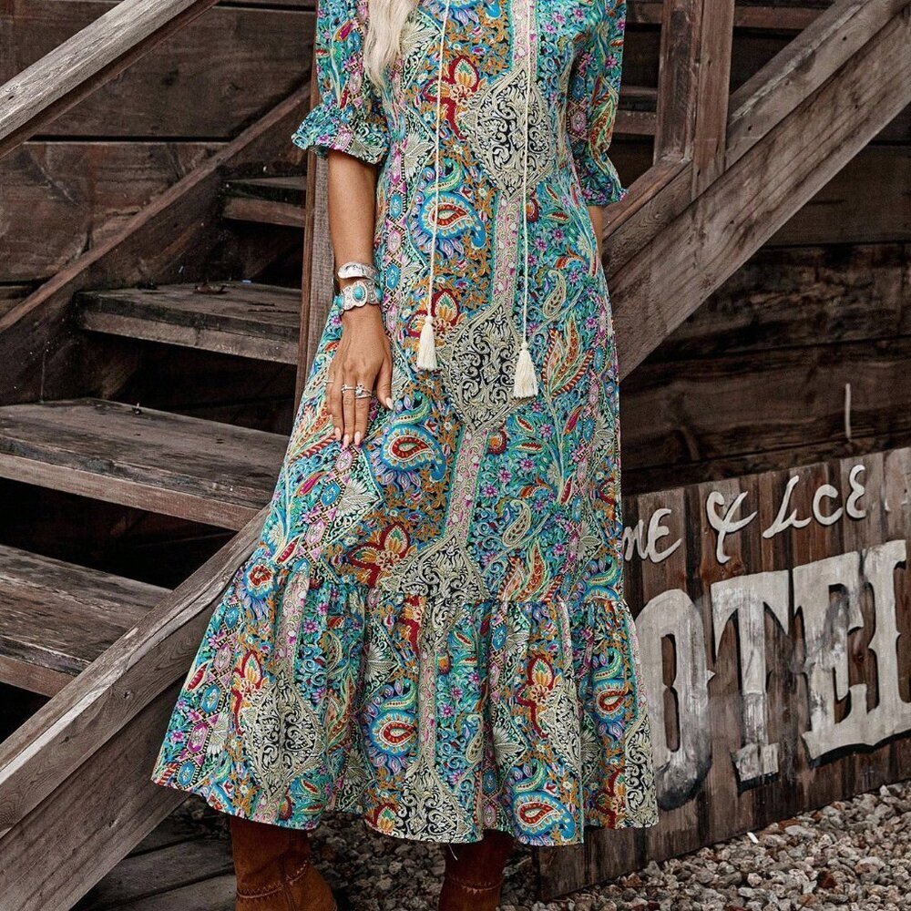Multicolor Bohemian Women's Printed Mid-Sleeve Fringe Dress - Picture 4 of 7